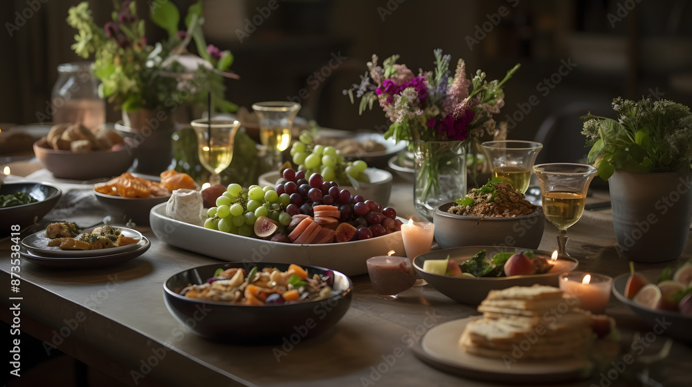A table full of gourmet food in an organised and elegant way with candles and beautiful colours. A table full of gourmet food in an organised and elegant way with candles and beautiful colours.