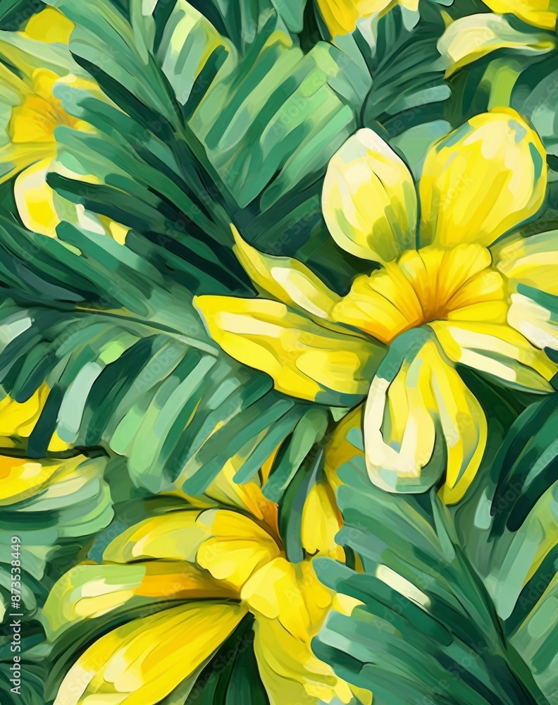 Obraz premium pattern dynamic and playful elements geometric shapes floral yellow and green. High quality photo
