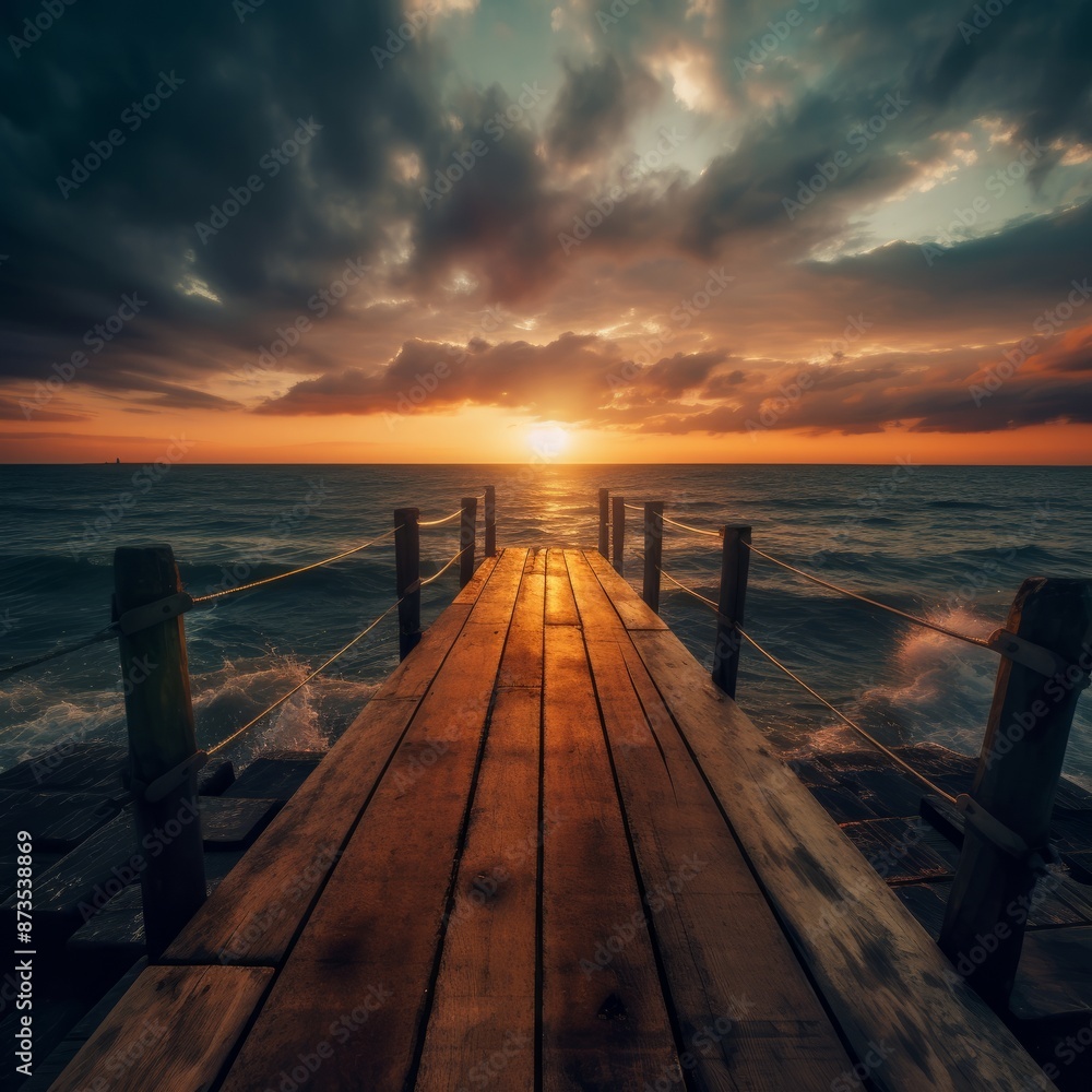 Fototapeta premium A wooden pier stretches into the ocean under a colorful afterglow sky at dusk, creating a stunning landscape against the sunset horizon