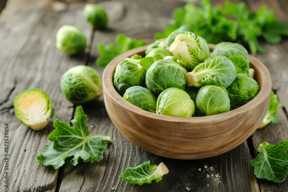 Wooden bowl filled with green brussels sprouts on rustic wood surface, with leaves around Wooden bowl filled with green brussels sprouts on rustic wood surface, with leaves around