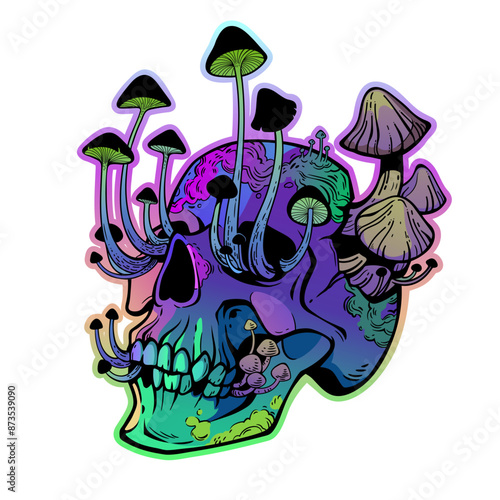 Cartoon human skull overgrown with mushrooms. Vector illustration