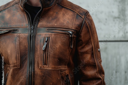 Close-up of a worn brown leather jacket showing detailed texture and zippers