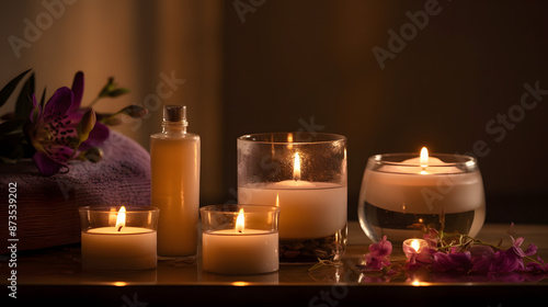 burning candles on the table spa beautiful peace calm flowers 