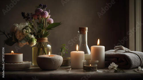 burning candles on the table spa beautiful peace calm flowers 
