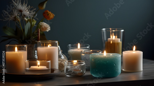 burning candles on the table spa beautiful peace calm flowers 