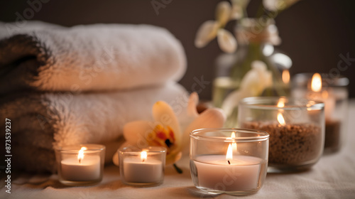 burning candles on the table spa beautiful peace calm flowers 