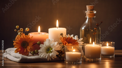 burning candles on the table spa beautiful peace calm flowers 