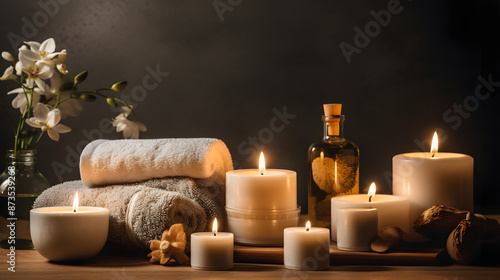 burning candles on the table spa beautiful peace calm flowers 