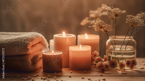 burning candles on the table spa beautiful peace calm flowers 