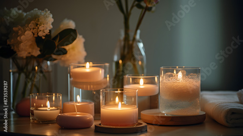 burning candles on the table spa beautiful peace calm flowers 