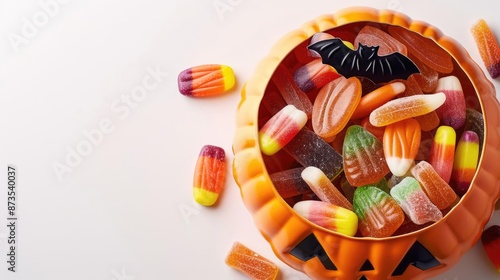 Assorted Halloween candies in a pumpkin cup, flat design, top view, bright hues, isolated on white background photo