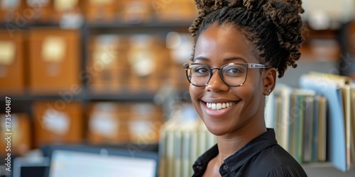 Smiling Woman With Curly Hair Wearing Glasses in Office Setting