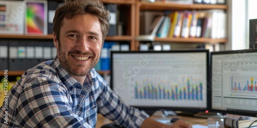 Happy Businessman Looking at Data on Computer Monitors in Home Office