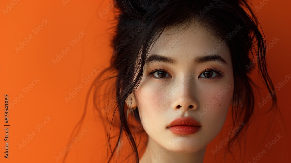 Elegant Asian woman with black hair, dark white and light crimson tones, orange background, 32k uhd Elegant Asian woman with black hair, dark white and light crimson tones, orange background, 32k uhd