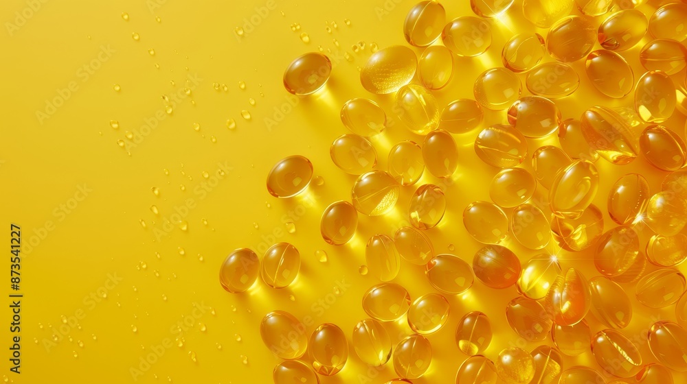 Fish oil and Vitamin D3 capsules on a yellow background, top-down shot, clean and isolated, perfect for advertising supplements, professional setup Fish oil and Vitamin D3 capsules on a yellow background, top-down shot, clean and isolated, perfect for advertising supplements, professional setup