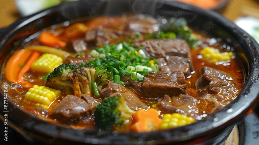 Sizzling hot pot brimming with beef, vegetables, and rich broth, topped with chopped green onions. Sizzling hot pot brimming with beef, vegetables, and rich broth, topped with chopped green onions.