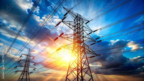 Looking up steel power pylon construction with high voltage cables against blue sky. Wide banner for electric energy industry with space for text on left side photo