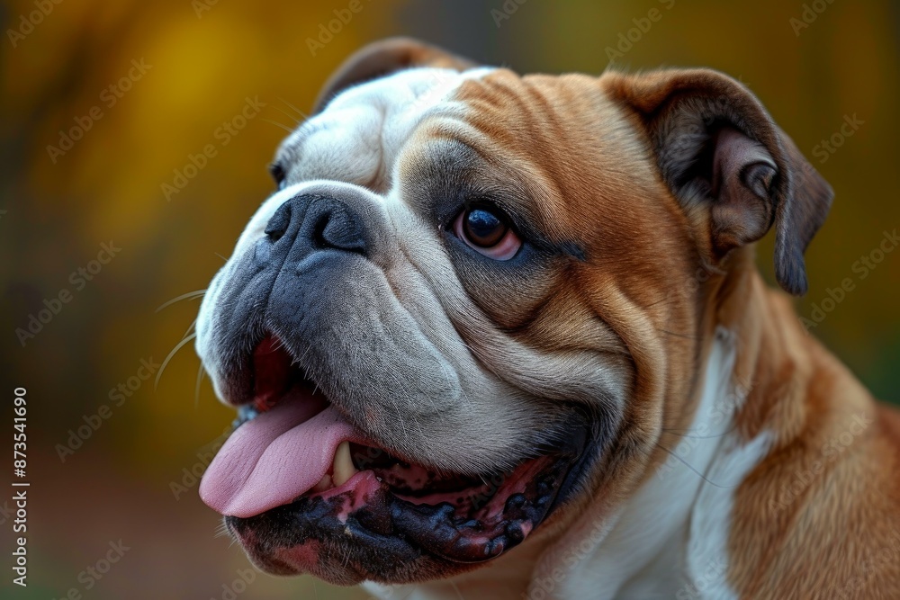 Detailed close-up of a smiling bulldog with a blurred autumn background Detailed close-up of a smiling bulldog with a blurred autumn background