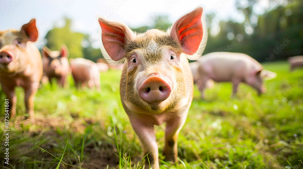 Happy curious pig exploring a lush green farm field highlighting the potential for leveraging technology to enhance animal welfare and optimize productivity in modern animal farming practices Happy curious pig exploring a lush green farm field highlighting the potential for leveraging technology to enhance animal welfare and optimize productivity in modern animal farming practices