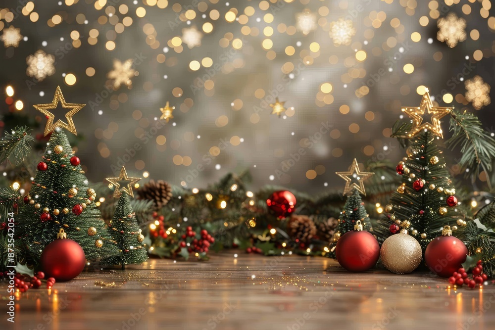 Festive 3d illustration of christmas scene with trees adorned in shimmering golden garlands Festive 3d illustration of christmas scene with trees adorned in shimmering golden garlands