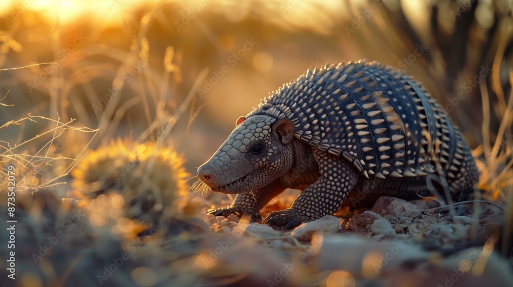 Obraz premium Close-up of an armadillo in its natural habitat during a golden sunset, exploring the dry, rugged terrain.