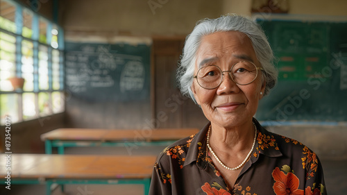Mature asian schoolteacher with copy space