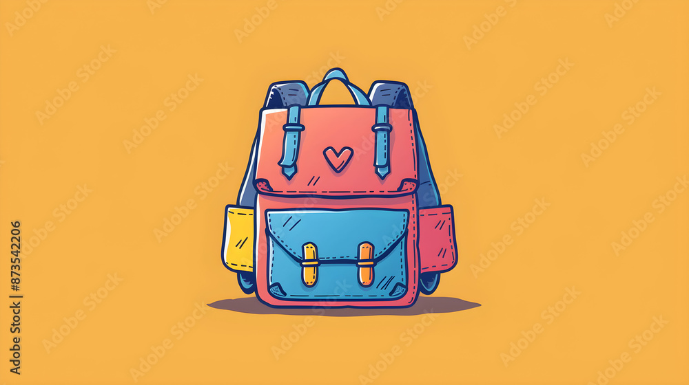 Fototapeta premium A colorful illustration of a school backpack with line art and flat colors. Suitable for educational themes, back to school events, or student-related designs.