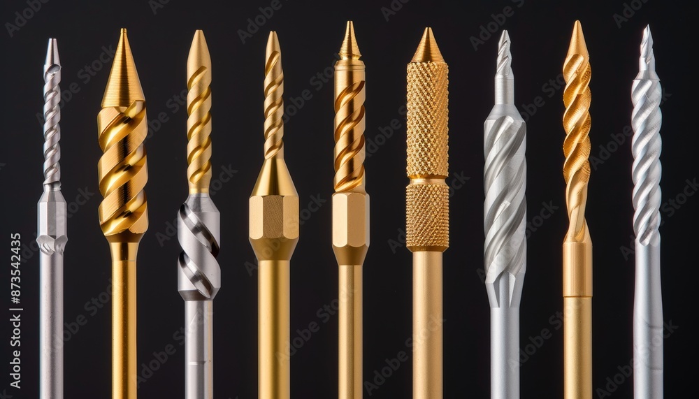 Close up detailed view of a variety of assorted drill bits for precise and intricate work Close up detailed view of a variety of assorted drill bits for precise and intricate work