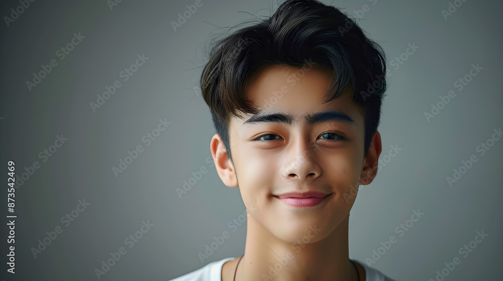 Portrait of a cute, handsome, and happy teenager guy with perfect skin and a silver background, ideal for banners or ads with copy space. Portrait of a cute, handsome, and happy teenager guy with perfect skin and a silver background, ideal for banners or ads with copy space.