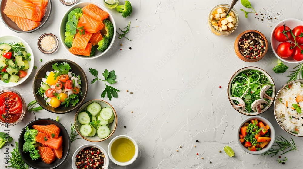 Assorted healthy dishes with fresh vegetables, salmon, and spices laid out on a light gray background. Assorted healthy dishes with fresh vegetables, salmon, and spices laid out on a light gray background.