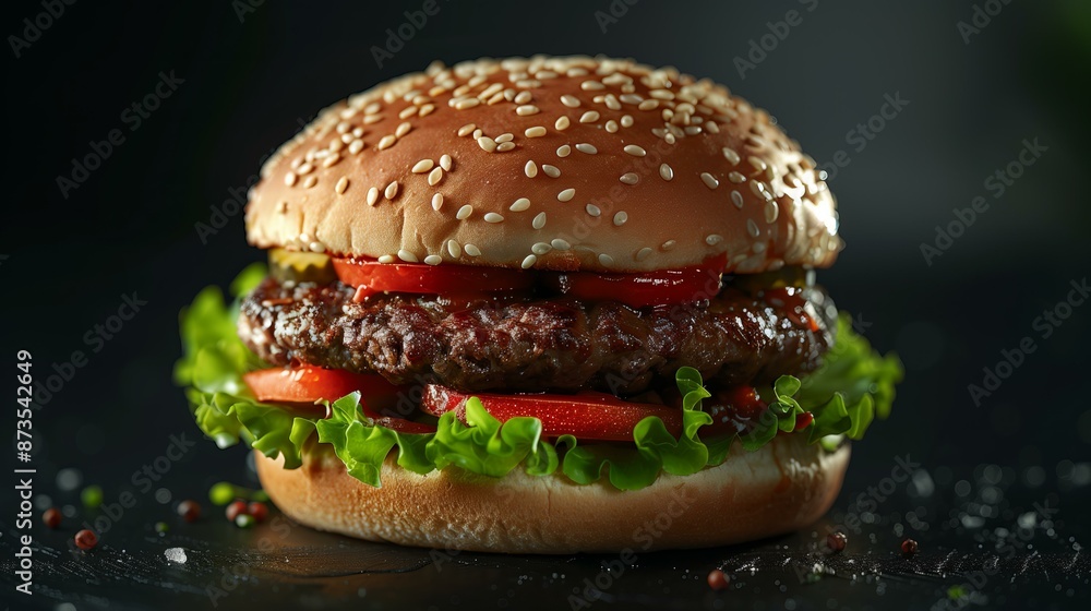 Delicious juicy hamburger with fresh lettuce, tomatoes, and a perfectly cooked beef patty on a sesame seed bun.