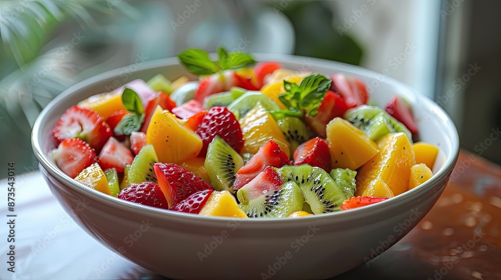 A bowl of fruit salad with strawberries, kiwi, and oranges. The bowl is white and placed on a wooden table A bowl of fruit salad with strawberries, kiwi, and oranges. The bowl is white and placed on a wooden table