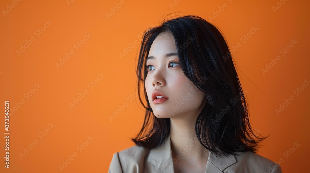 Timeless beauty and subtle coloring of an Asian woman in office wear, black hair, orange background, 32k uhd Timeless beauty and subtle coloring of an Asian woman in office wear, black hair, orange background, 32k uhd
