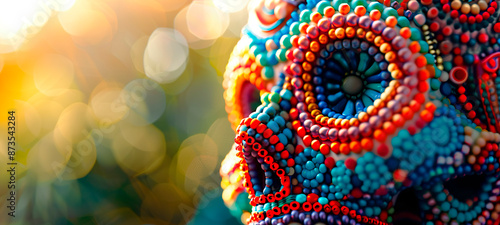 Closeup on Mexican skull made of Chaquira, blurred background