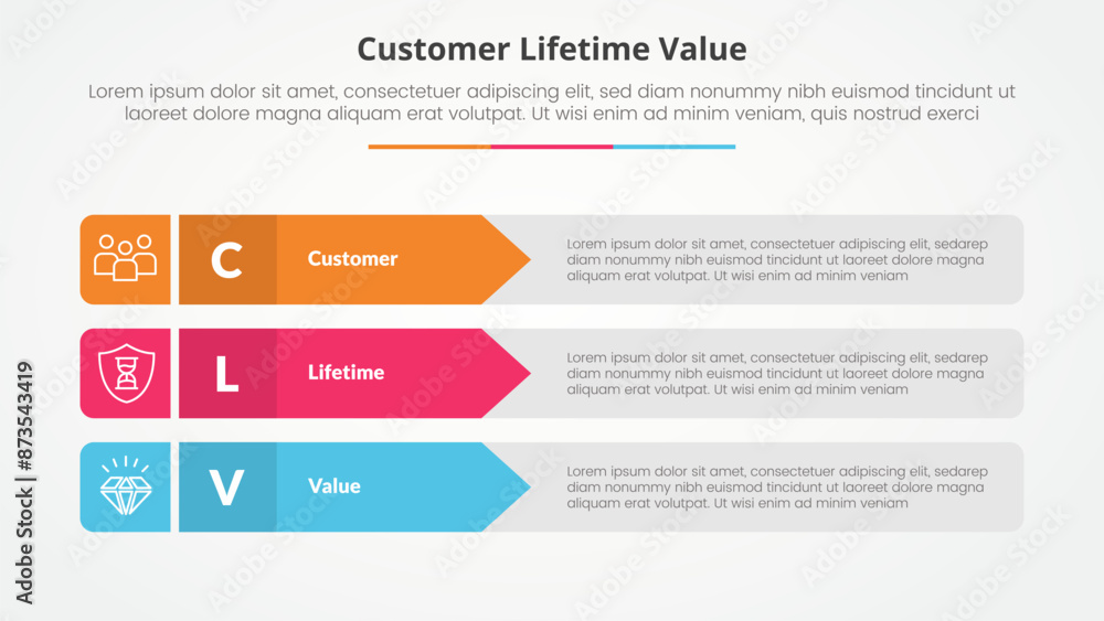 clv customer lifetime value infographic concept for slide presentation with rectangle arrow stack with 3 point list with flat style clv customer lifetime value infographic concept for slide presentation with rectangle arrow stack with 3 point list with flat style