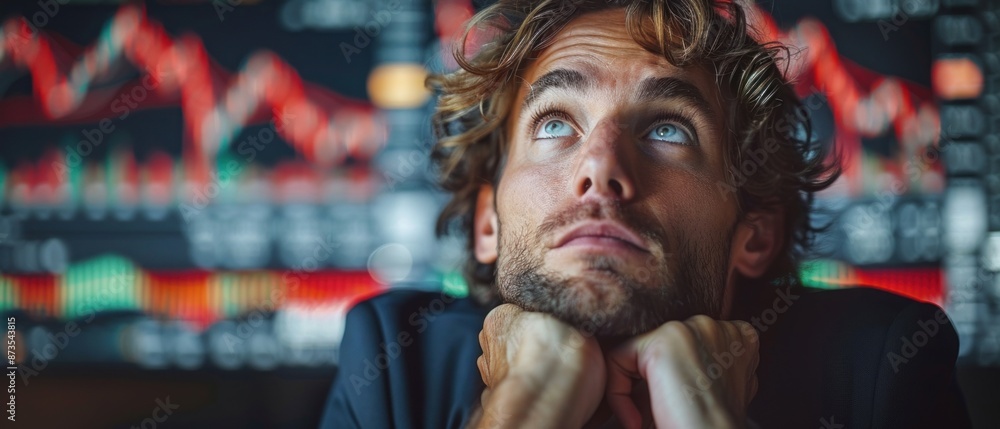 Stressed businessman looking at falling stock graph, blank white background, natural lighting Stressed businessman looking at falling stock graph, blank white background, natural lighting