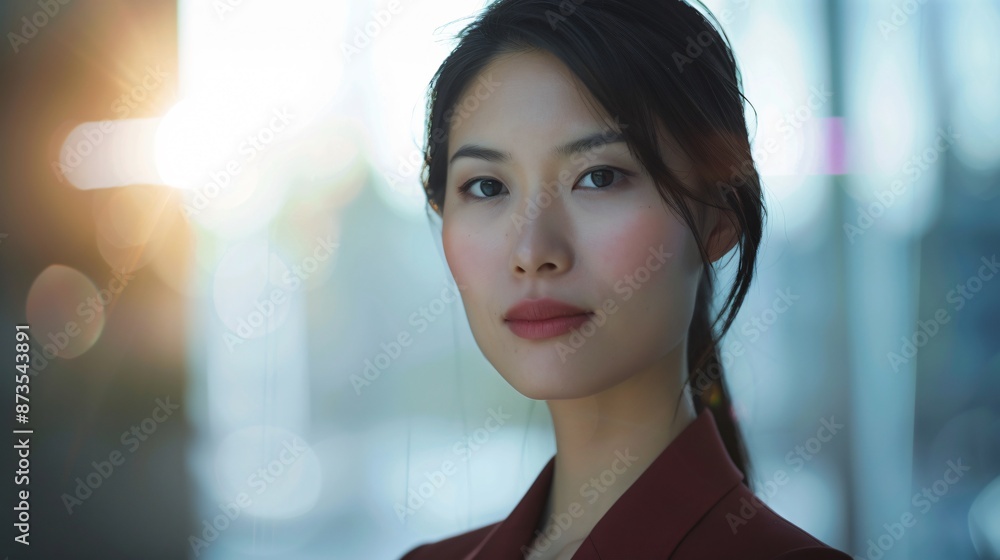 Asian woman with black hair in dark white and light crimson office attire, softly luminous, 32k uhd Asian woman with black hair in dark white and light crimson office attire, softly luminous, 32k uhd