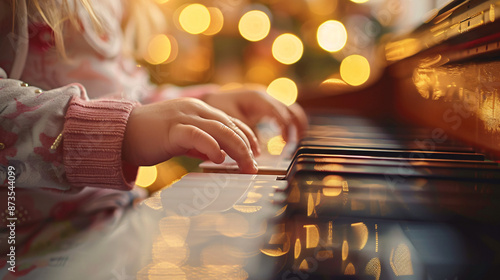 Close-up of a child playing piano with a teacher’s guidance, warm and inviting room, the child focused