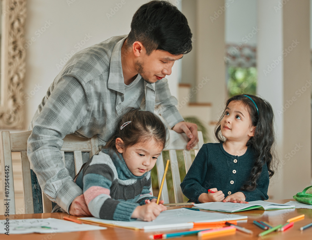 Teaching, Asian dad and children with homework, smile and notebook for writing of math and education. Home, girls and father in dining room for preparation of quiz in preschool, knowledge and smart Teaching, Asian dad and children with homework, smile and notebook for writing of math and education. Home, girls and father in dining room for preparation of quiz in preschool, knowledge and smart
