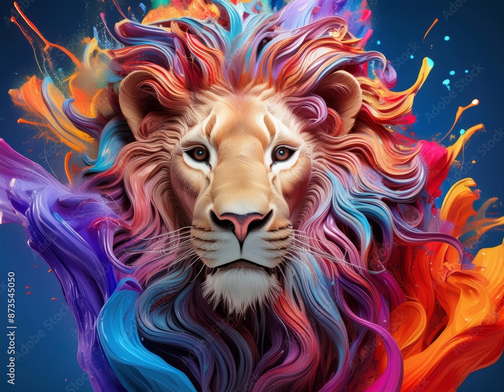 A majestic lion with a vibrant mane is depicted amidst colorful paint splashes A majestic lion with a vibrant mane is depicted amidst colorful paint splashes