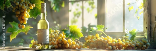 A Bottle of White Wine With Grapes and Vines on a Windowsill in Sunlight