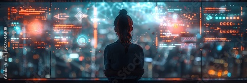 Silhouette of a Woman Facing a Futuristic Display