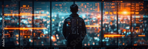 A lone figure looking at the city lights through a digital interface