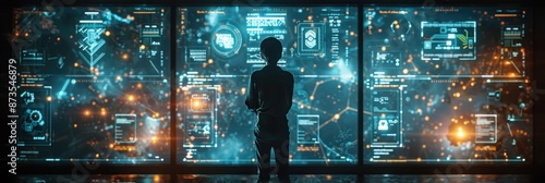 A Silhouette of a Person Staring at a Wall of Data