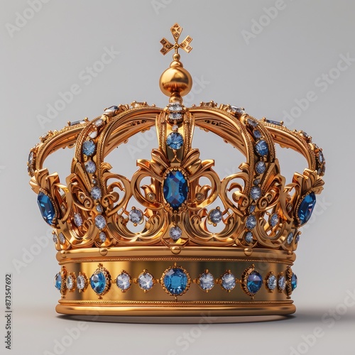 Majestic headpiece, crown isolated against a white background, emphasizing its detailed craftsmanship and noble significance, ideal for focusing on the grandeur and tradition of royalty.