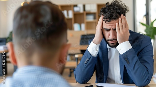 Nervous job applicant man sweating during interview, unprepared and unable to answer in office room