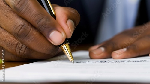 Hand signing a contract with a pen while the other hand held the paper firmly. The focus is on the precise moment of the signing. Emphasize confidence and commitment when signing.