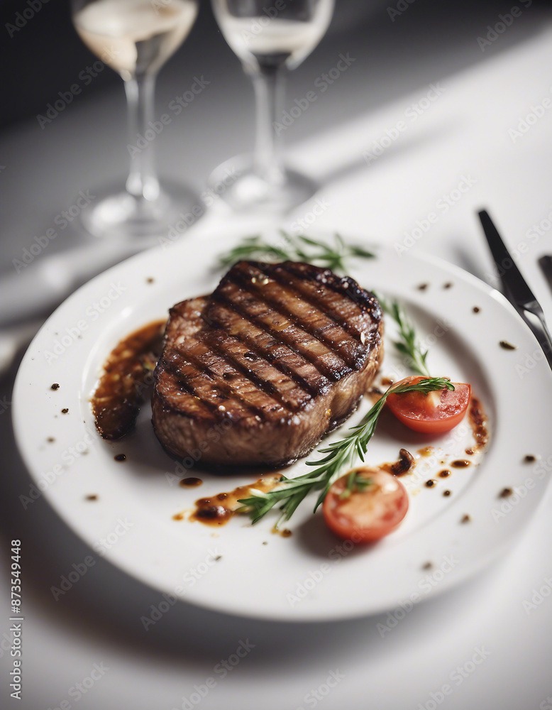 perfectly grilled steak, bright background, ad shot for menu perfectly grilled steak, bright background, ad shot for menu