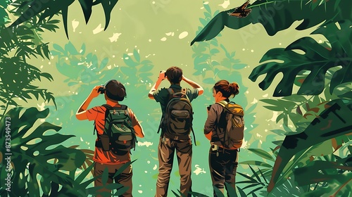 Three friends birdwatching and identifying different species in a lush forest against a solid chartreuse background. photo