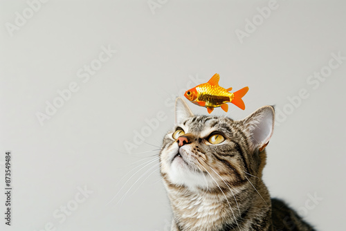 Funny Cat Image with Golden Fish on Head, Pet Humor Concept photo